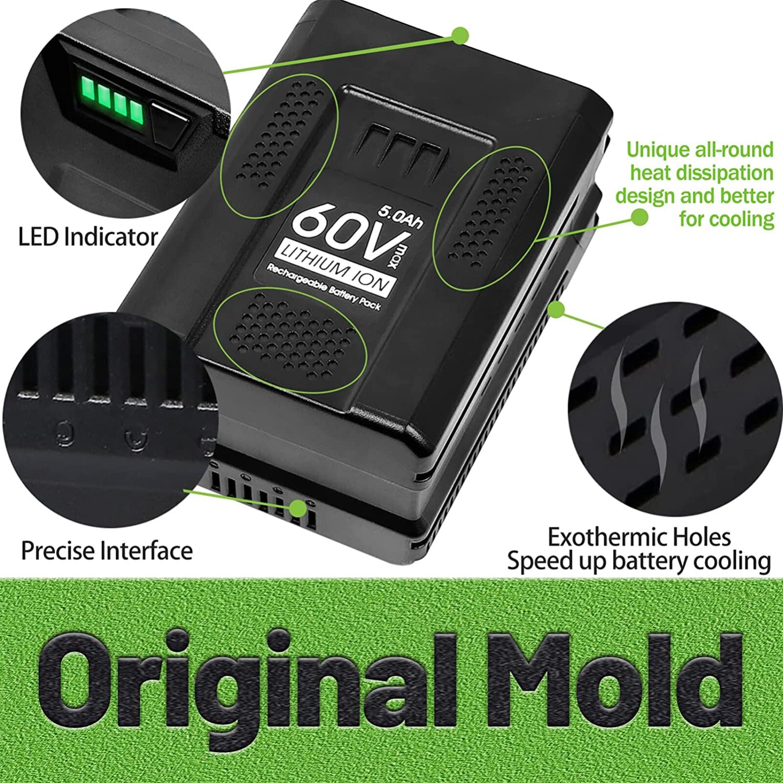 5.0Ah Li-ion Battery For Greenworks 60 V LB60A00 LB60A02 LB60A03 60Volt Max Tool