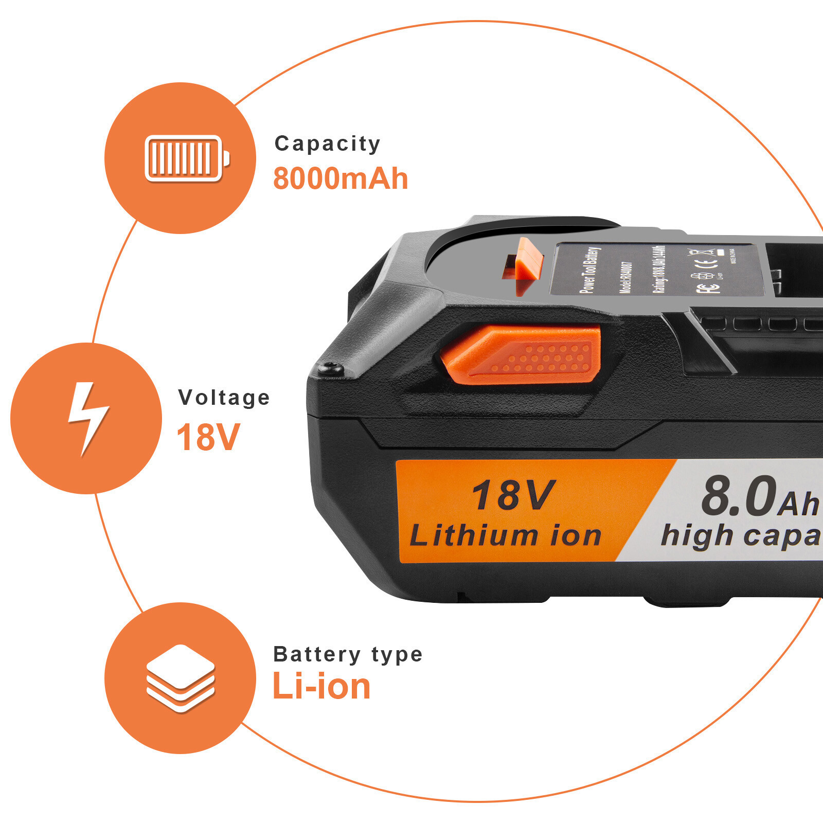 8000mAh for Ridgid 18V Battery 8.0Ah Lithium Power Tool R840083 R840085 R840087
