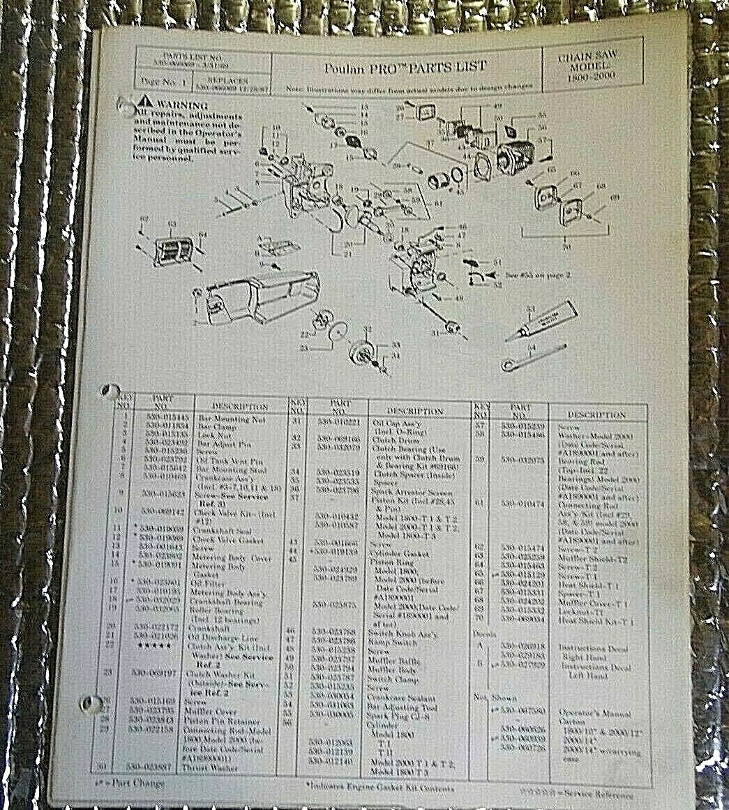 3/31/89 Poulan Pro Chainsaw Parts List Model 1800 2000
