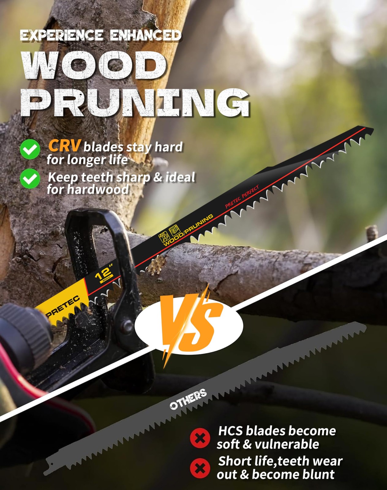 PRETEC Wood Pruning Reciprocating Saw Blades, 12 Inch Pruning Blades for Reci…