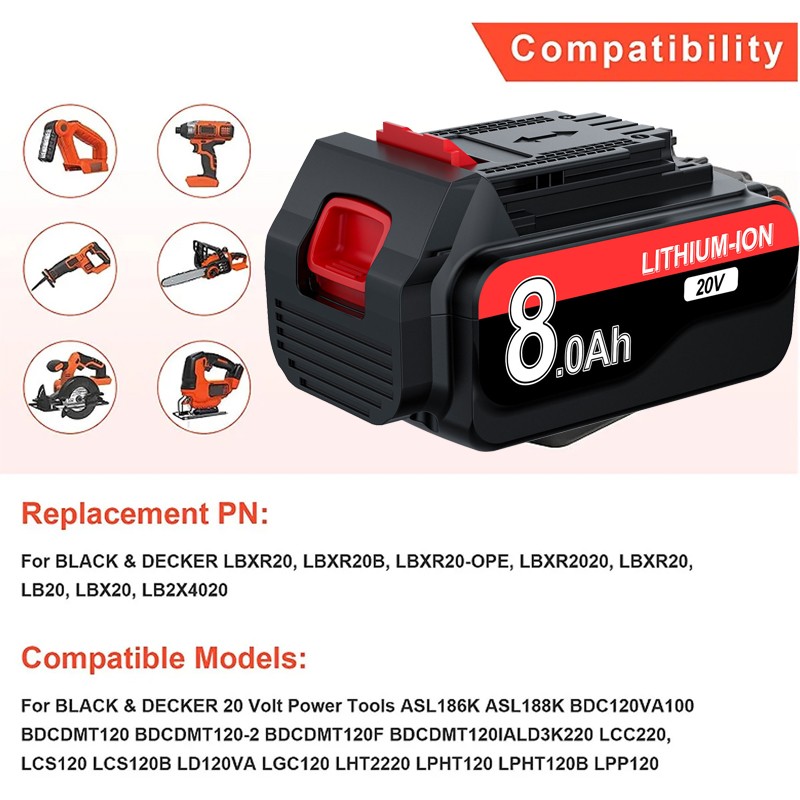 8000mAh 20V LB2X4020 Battery FOR Black and Decker 20V MAX Lithium LBXR20 LBX20