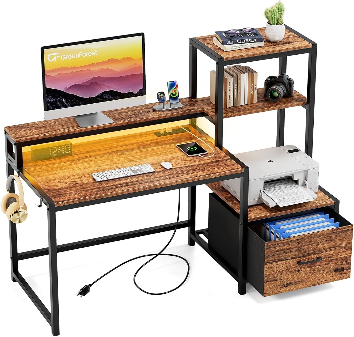 Computer Desk with Drawers and Monitor Stand, Home Office Desk GreenForest