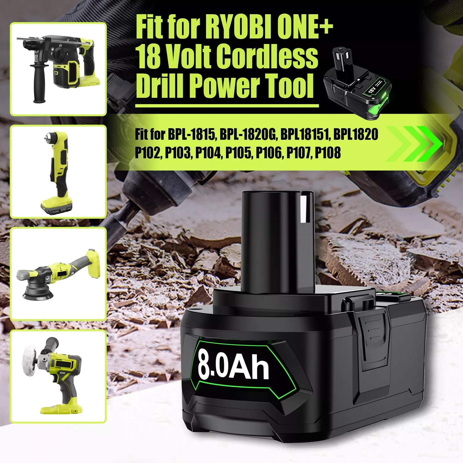 2PACK 8Ah For RYOBI P108 18V 8000mAh High Capacity Battery 18Volt Lithium-Ion