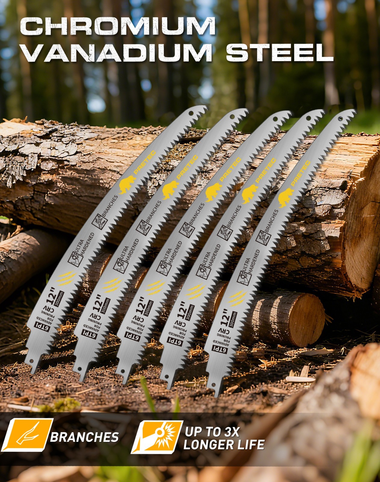 12″ Arc Wood Pruning Reciprocating Saw Blades 6TPI CR-V Japanese Teeth 5 Pack