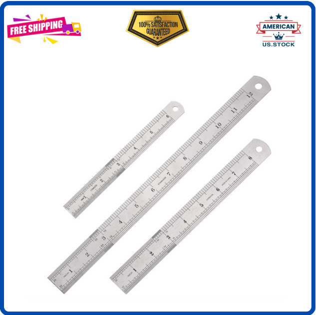 3Pcs Stainless Steel Ruler Set 6 8 12 Inch Metal Ruler with Inch and Metric New