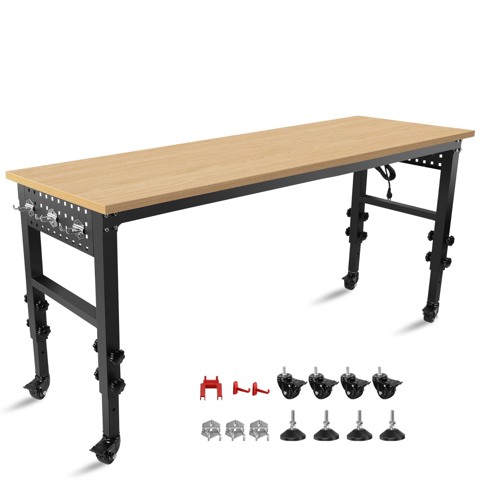 Adjustable Heavy Duty Workbench 72″ 2000LBS Rubberwood Top Power Outlets Garage