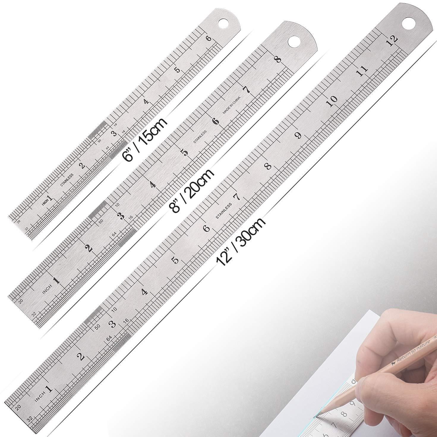 3 Pcs Stainless Steel Ruler Set with Inch and Metric Graduation, 12 Inch, 8 Inc
