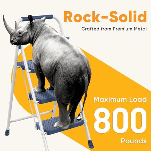 Step Ladder 3 Step, Folding Step Stool with Wide Anti-Slip 3-Step + 800LBS Blue