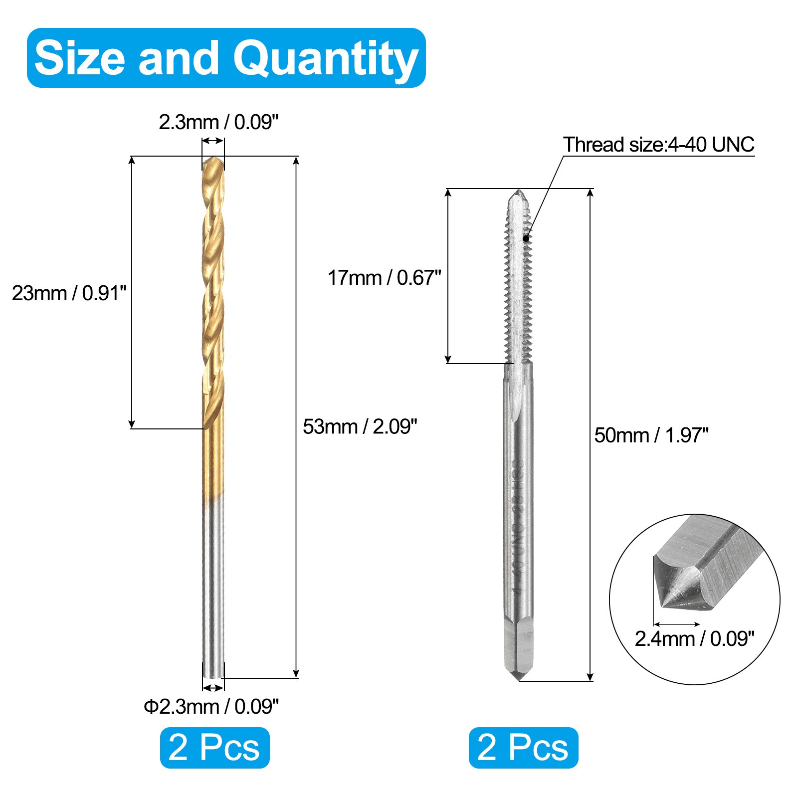 2pcs 4-40 UNC Straight Flute Tap Uncoated and 2pcs 2.3mm Drill Bit Ti-Coated Set