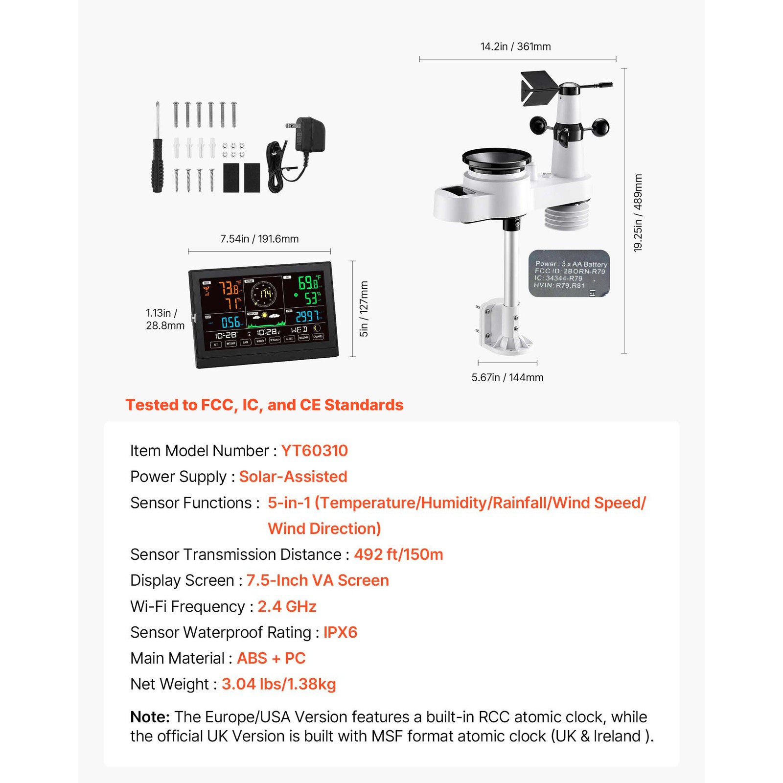 Uimoso 5-in-1 Wireless Weather Station 7.5” Display and Indoor-Outdoor Sensor