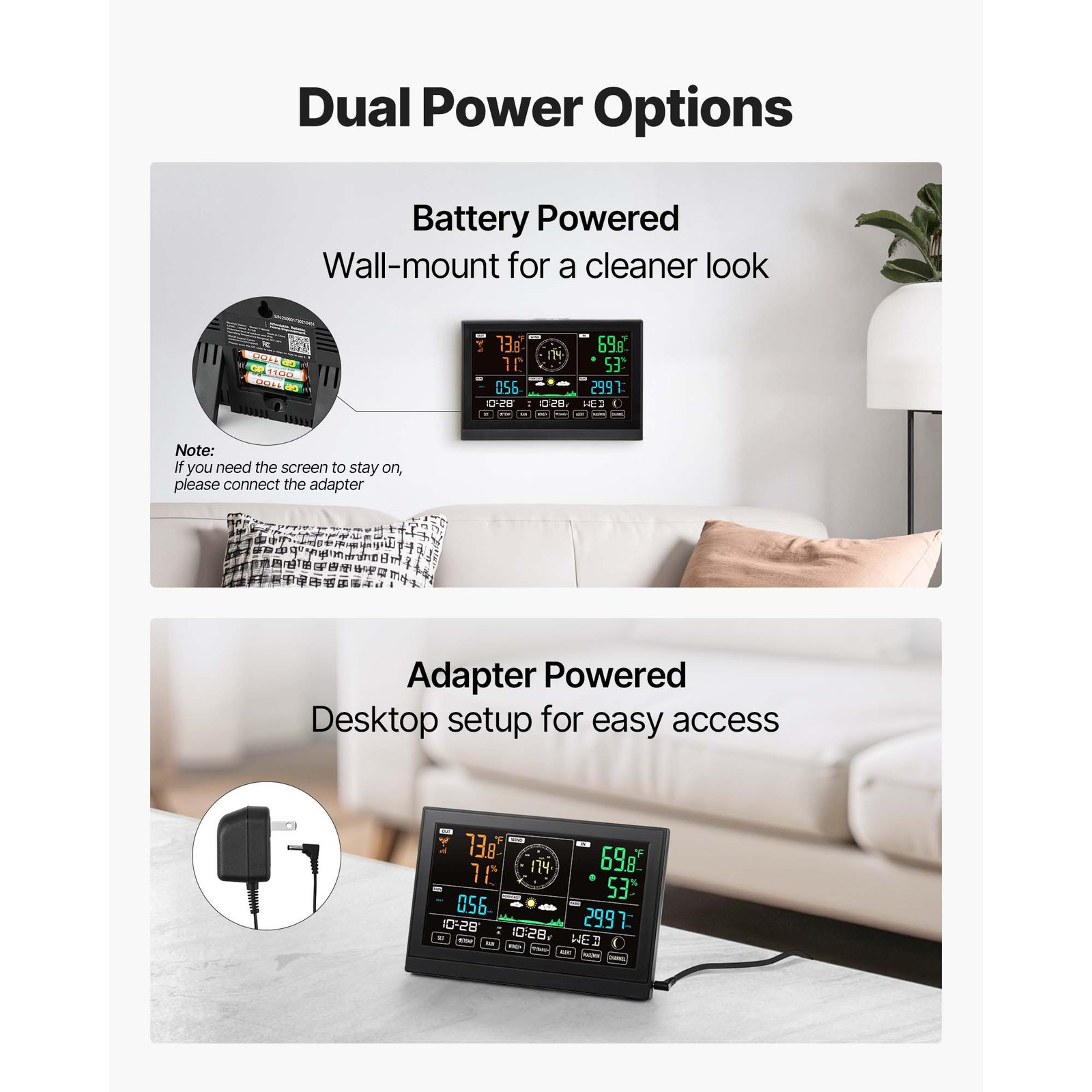 Uimoso 5-in-1 Wireless Weather Station 7.5” Display and Indoor-Outdoor Sensor