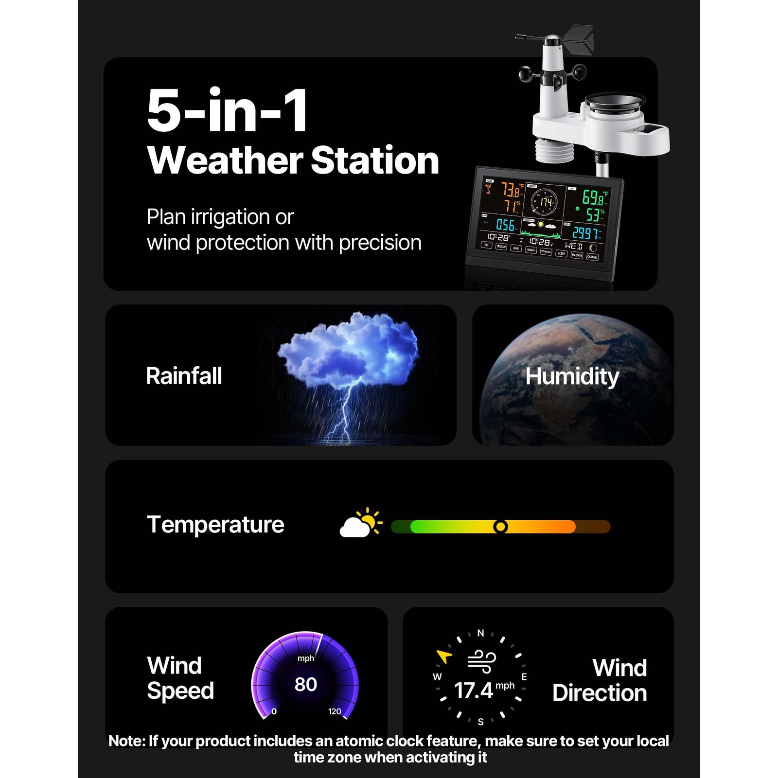 Uimoso 5-in-1 Wireless Weather Station 7.5” Display and Indoor-Outdoor Sensor