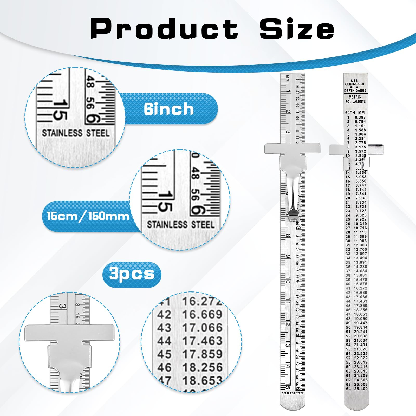 3 Pack Machinist Ruler 6 Inch Pocket Ruler Stainless Steel Metric Ruler Metal