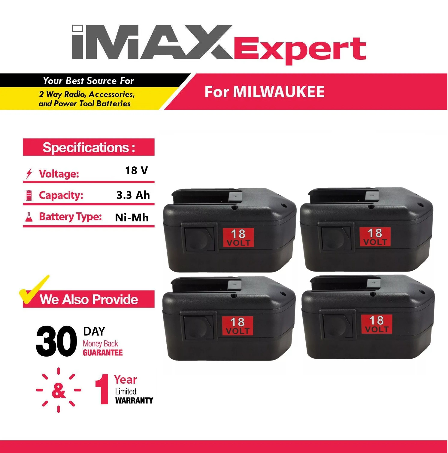 4x 18V 3.3Ah NiMh Battery for Milwaukee 48-11-2200, 48-11-2230, 48-11-2232