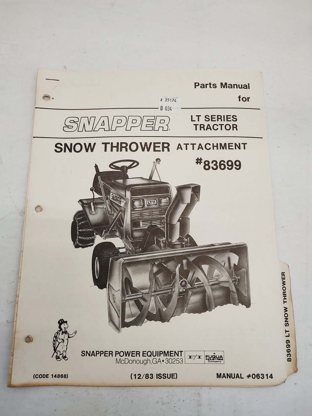 Snapper Parts Manual for LT Series Tractor Snow Thrower Attachment 83699 06314
