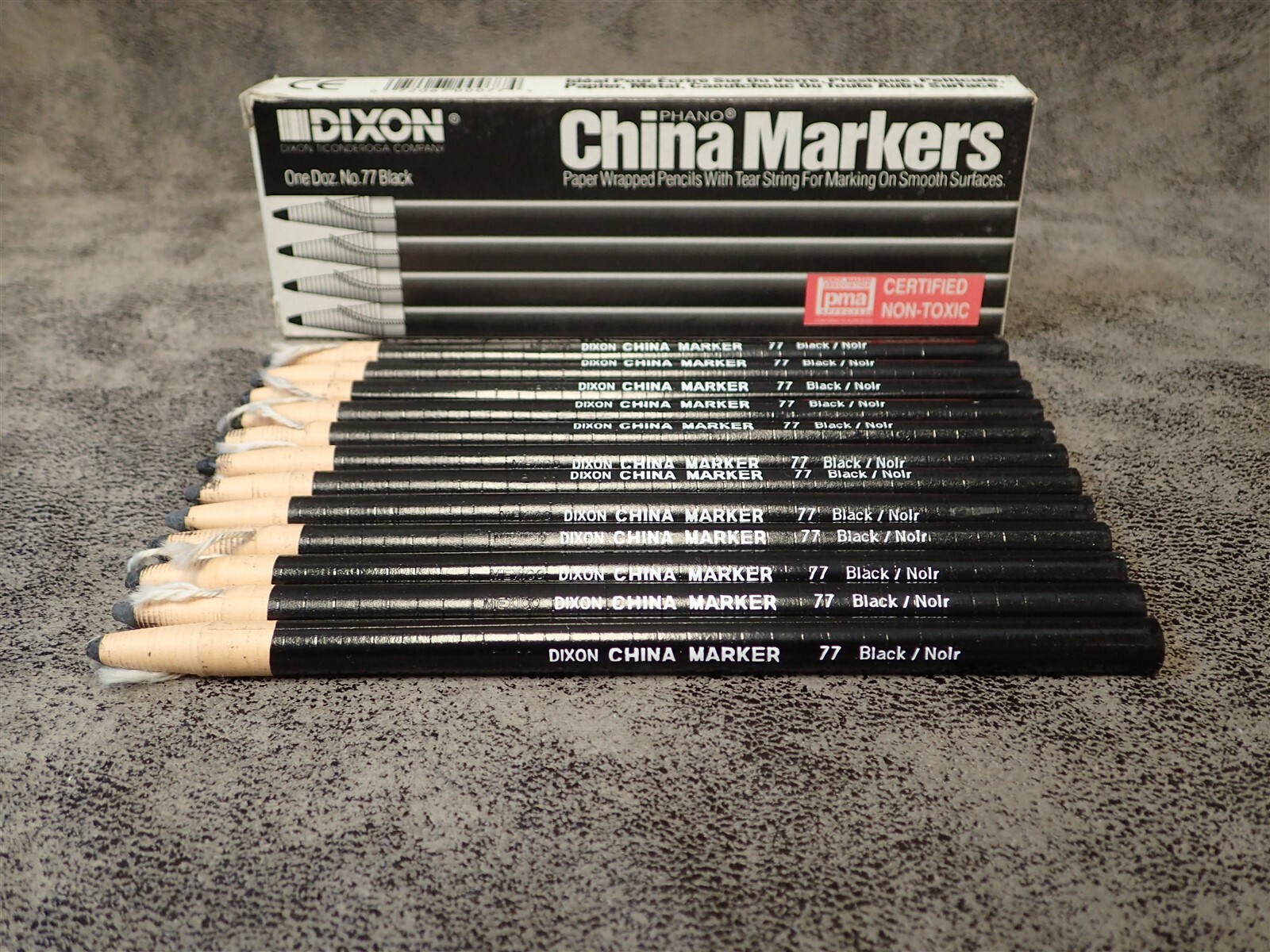 #77 Black 12pk DIXON Ticonderoga Phano CHINA MARKER Paper Wrapped w/ Pull String