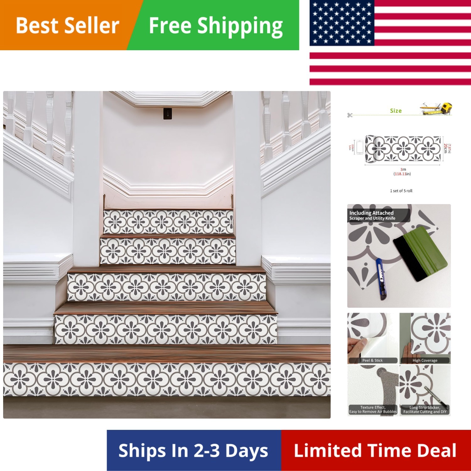 Long Strip Textured Vinyl Clover Stair Riser Decals Peel and Stick, 7.87″X590…