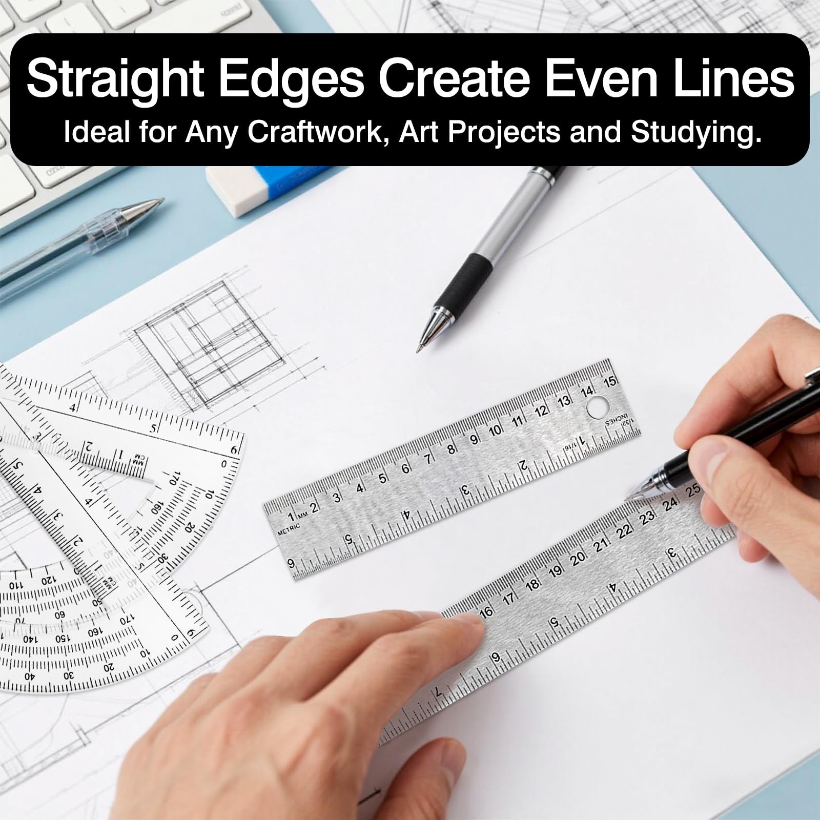 2-Pack Stainless Steel Ruler Set – 6 Inch & 12 Inch Non-Slip Metal Rulers wit…