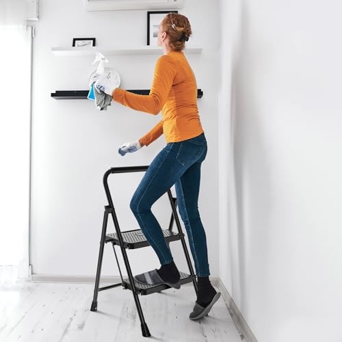 Step Ladder 3 Step, Folding Step Stool with Wide Anti-Slip 3-Step + 800LBS Blue