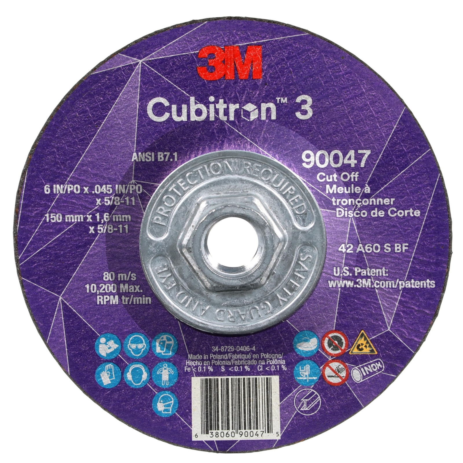 3M Cubitron 3 Cut-Off Wheel 90047 60+ T27 6 in x 0.045 in x 5/8 in-11 150 x