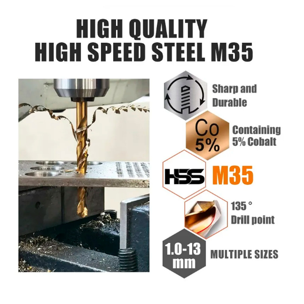 10PCS 1mm-20mm M35 HSS-CO Cobalt Drill Bits Twist Drill Bit For Stainless Steel