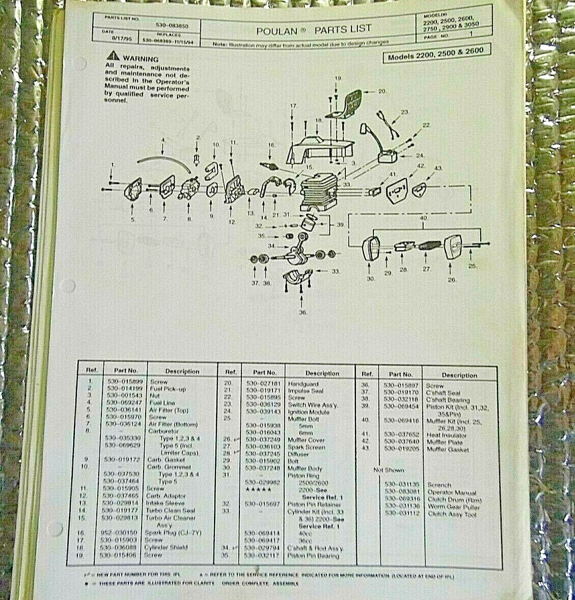 5/17/95 Poulan Pro Chainsaw Parts List Model 2200 2500 2600 2750 2900 3050