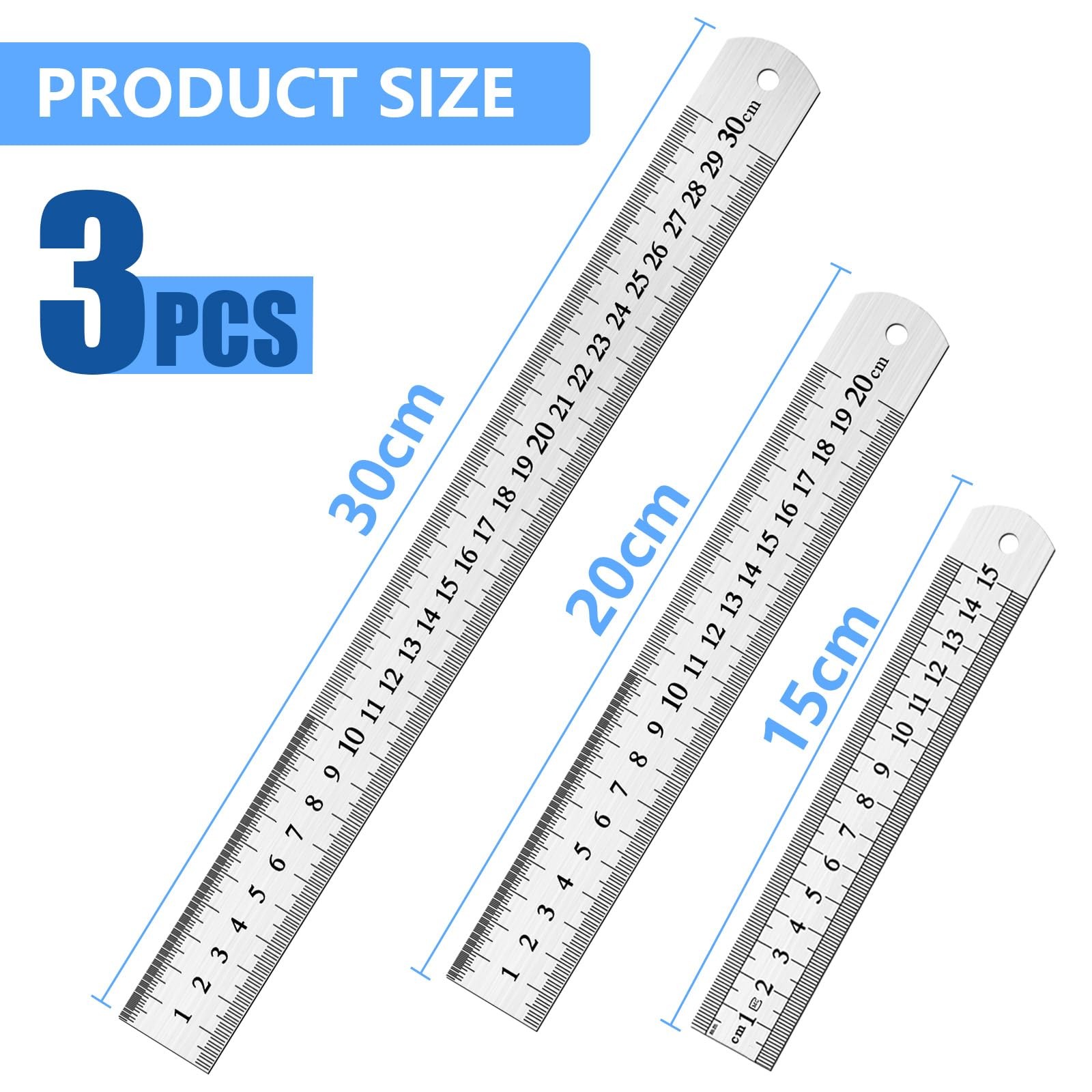 DTDNZKN 3 Pack Stainless Steel Ruler Set – Includes 6 inch 15 mm, 8 inch