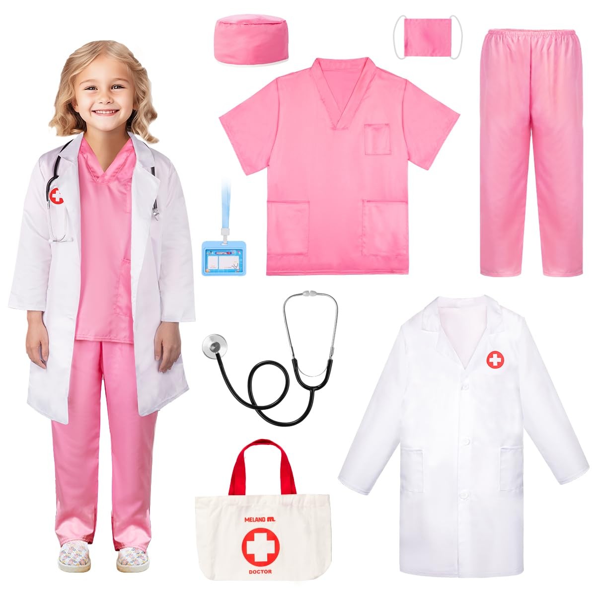 Meland Doctor Costume for Girls – Kids Scrubs with Lab Coat & 5-6 Years, Pink
