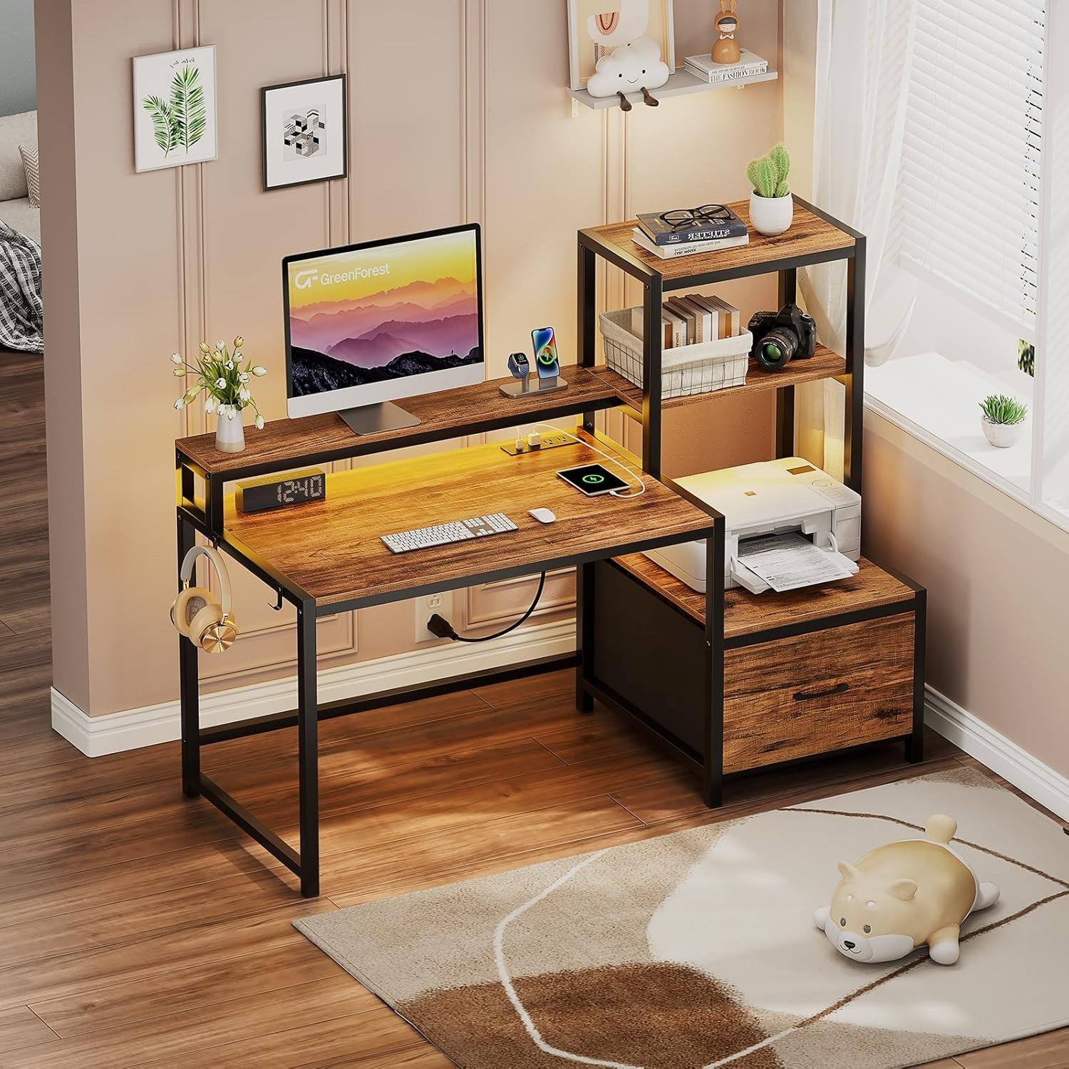Computer Desk with Drawers and Monitor Stand, Home Office Desk GreenForest