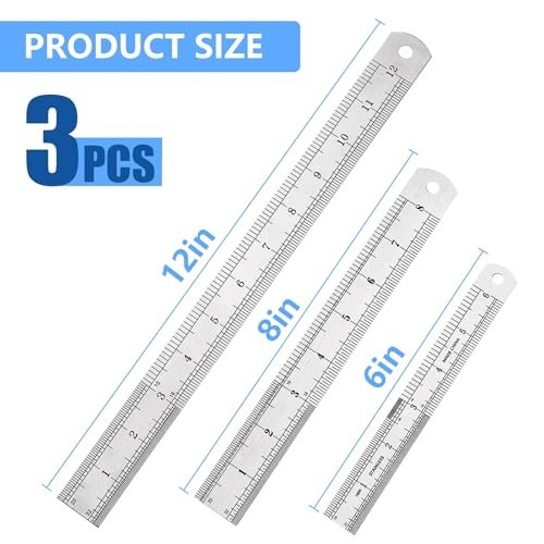 3Pcs Stainless Steel Ruler Set 6 8 12 Inch Metal Ruler with Inch and Metric New
