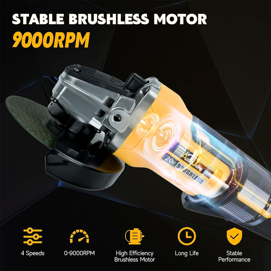 Cordless Brushless 4-1/2 Angle Grinder for Dewalt 20V Battery 9000 RPM Tool