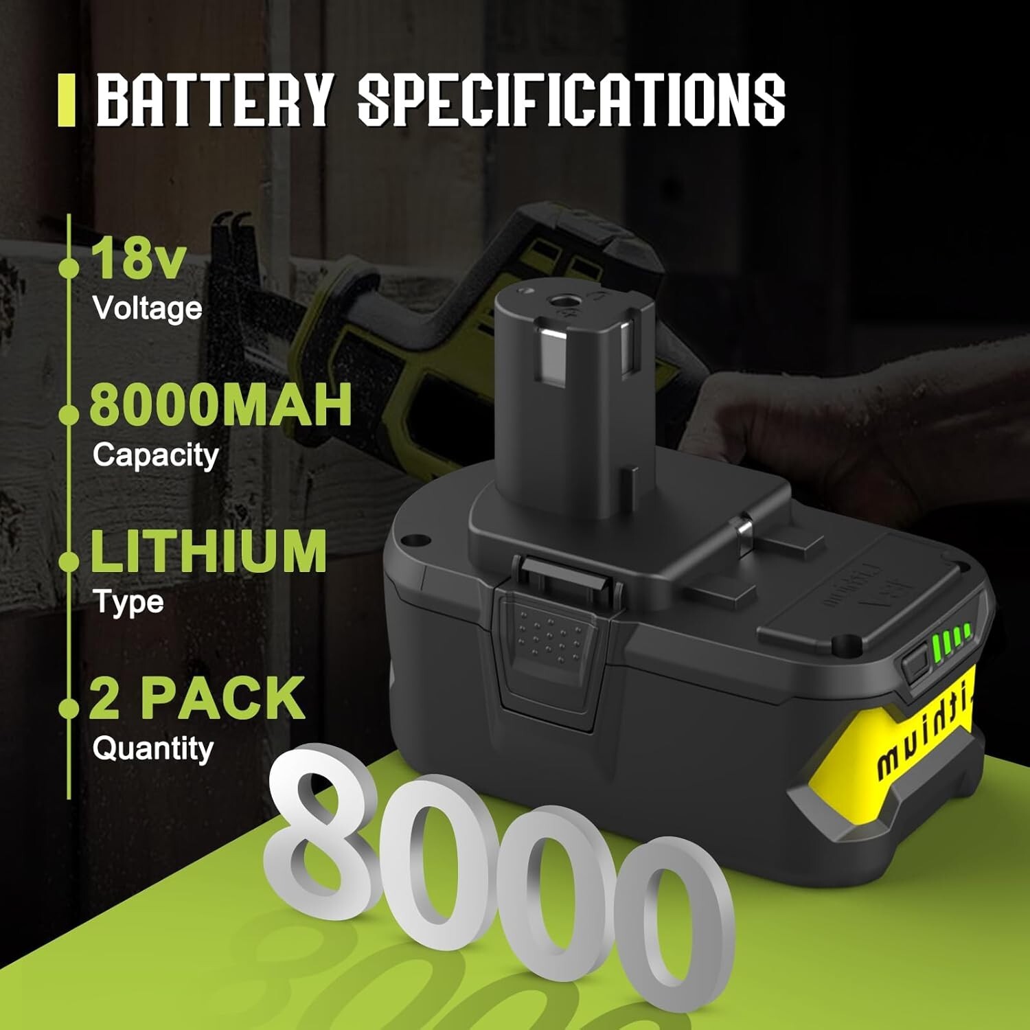 2PACK 8Ah For RYOBI P108 18V 8000mAh High Capacity Battery 18Volt Lithium-Ion