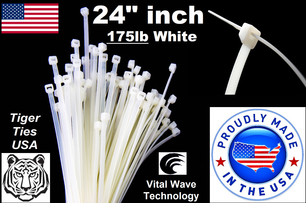 10 White 24″ inch Wire Cable Zip Ties Nylon Tie Wraps 175lb USA Made Tiger Ties