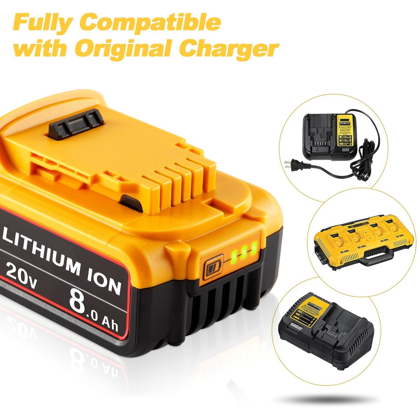 2Pack 8.0AH Lithium Ion Battery For DeWalt 20V 20 Volt Max XR DCB206-2 DCB205-2
