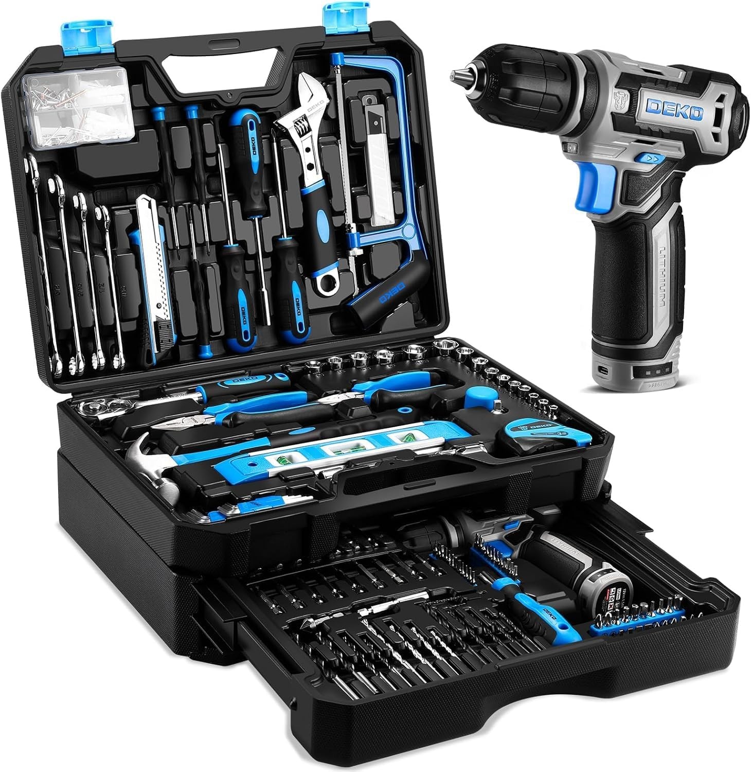 DEKOPRO Blue Tool Kit Box Drill Set：Home Mechanic Toolbox with 12V Power Cord