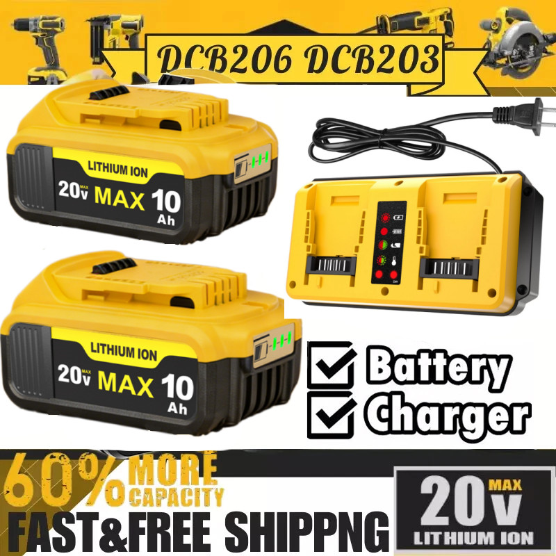 10Ah Battery for Dewalt 20V Max + Dual Charger – Replaces DCB204 DCB206 DCB-205