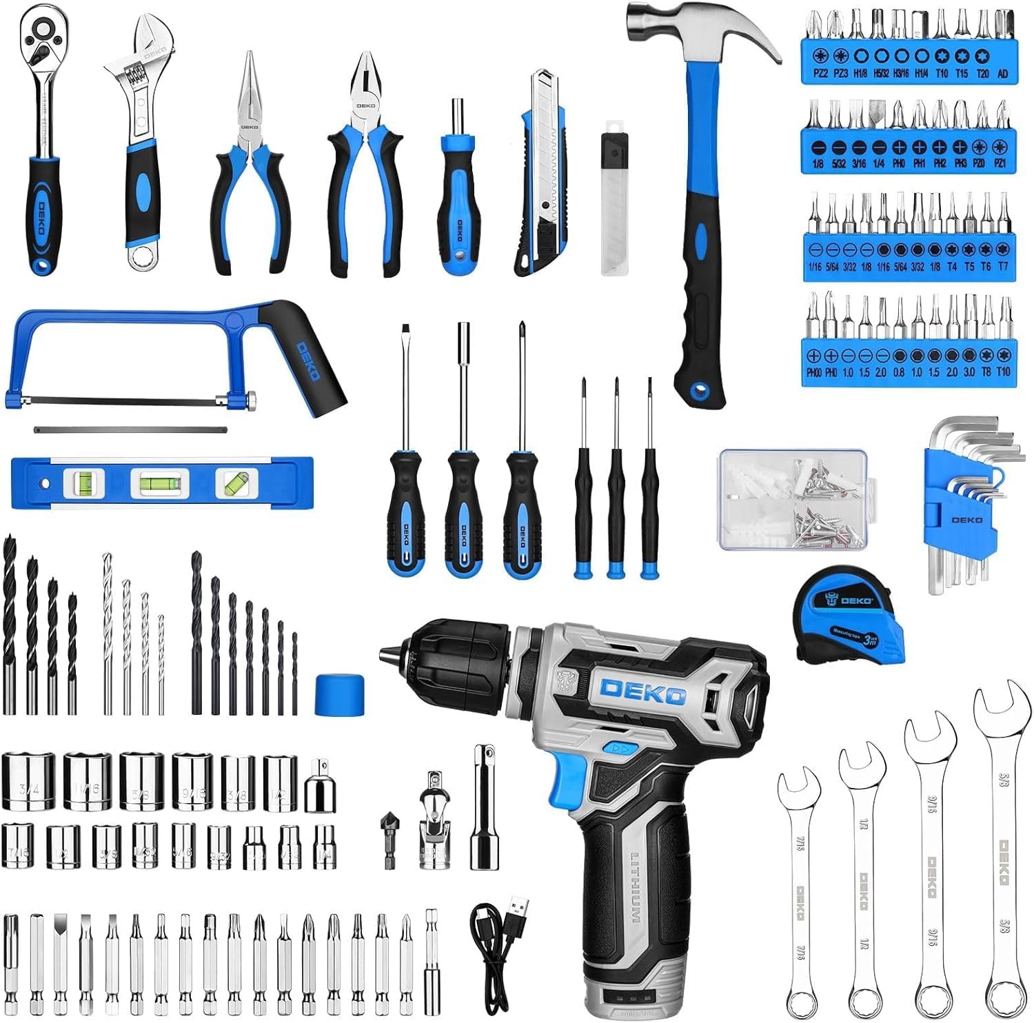 DEKOPRO Blue Tool Kit Box Drill Set：Home Mechanic Toolbox with 12V Power Cord