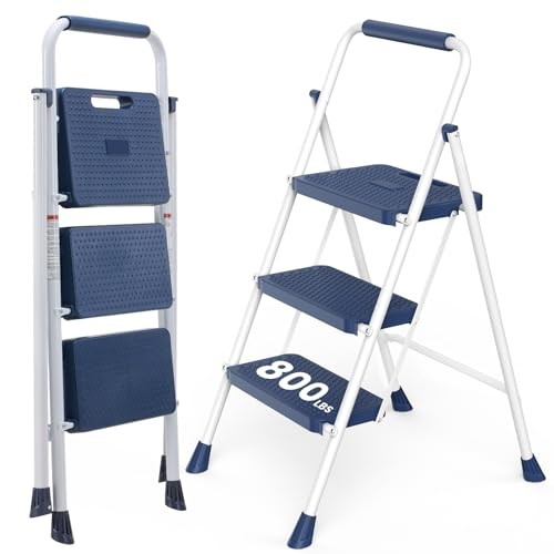 Step Ladder 3 Step, Folding Step Stool with Wide Anti-Slip 3-Step + 800LBS Blue