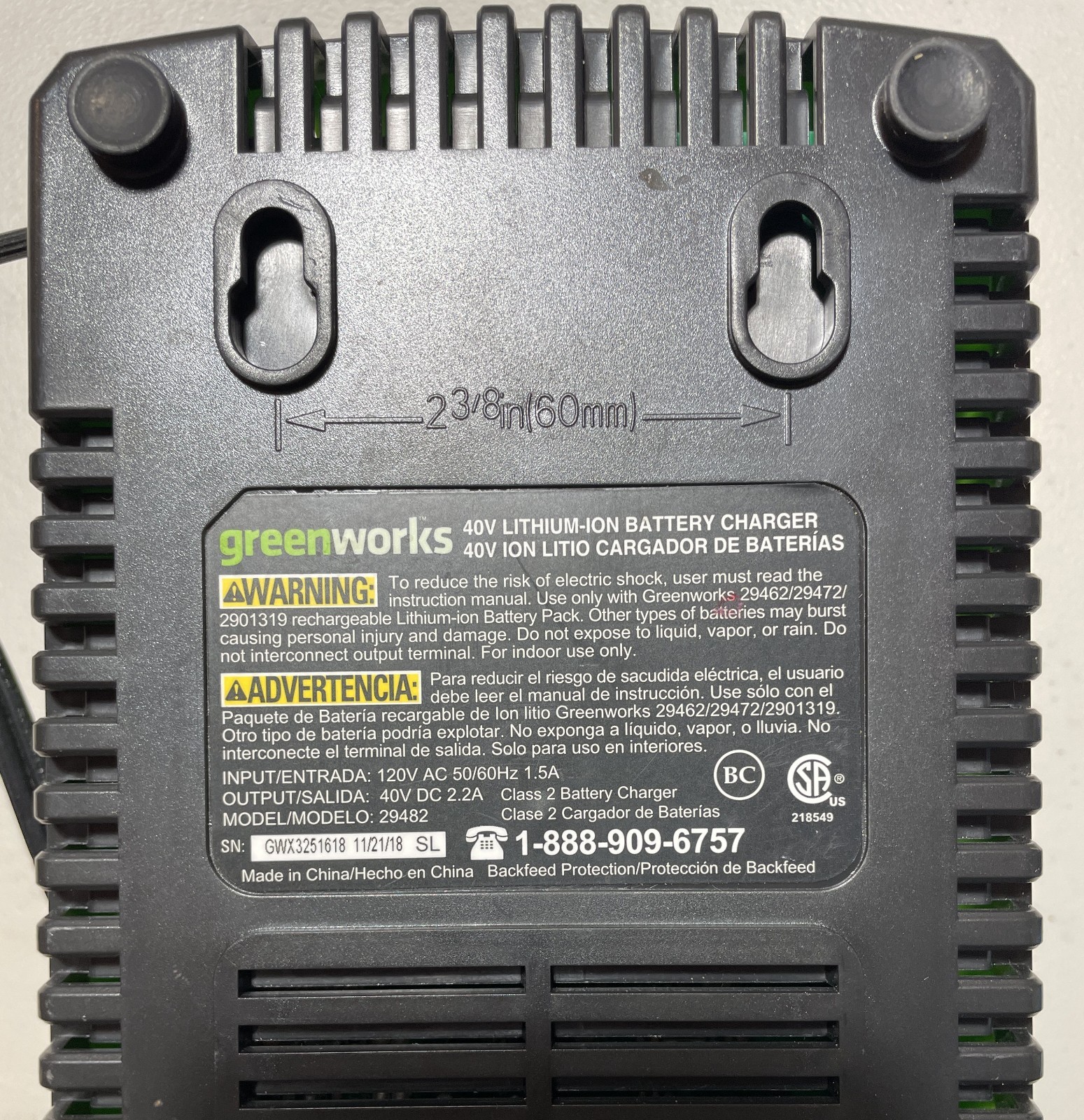 Greenworks 40 Volt OEM Battery Charger Lithium Max Model 29482