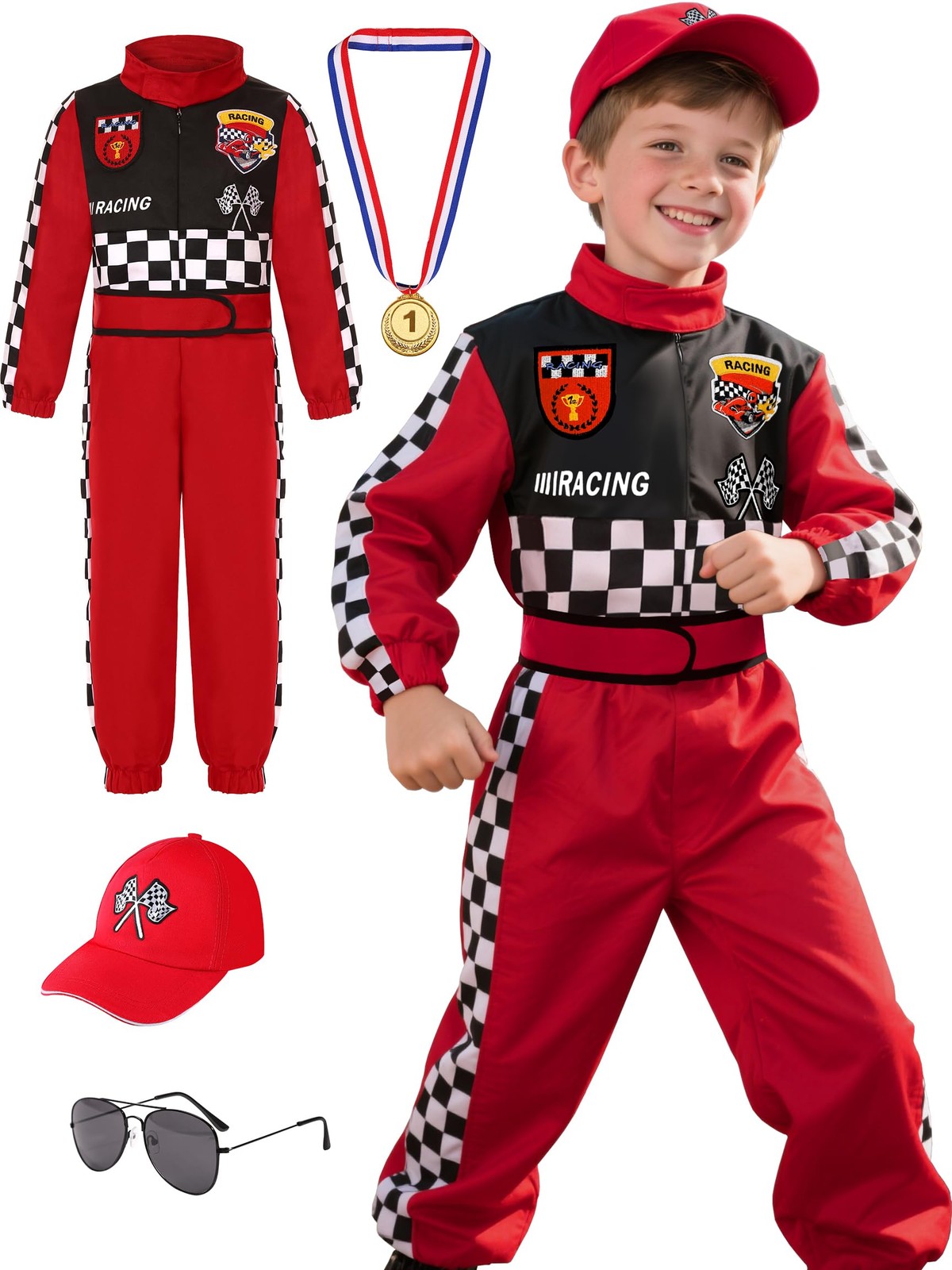 Bordazor Kids Race Car Driver Costume Boys Girls Racer 3-4 Years, Red