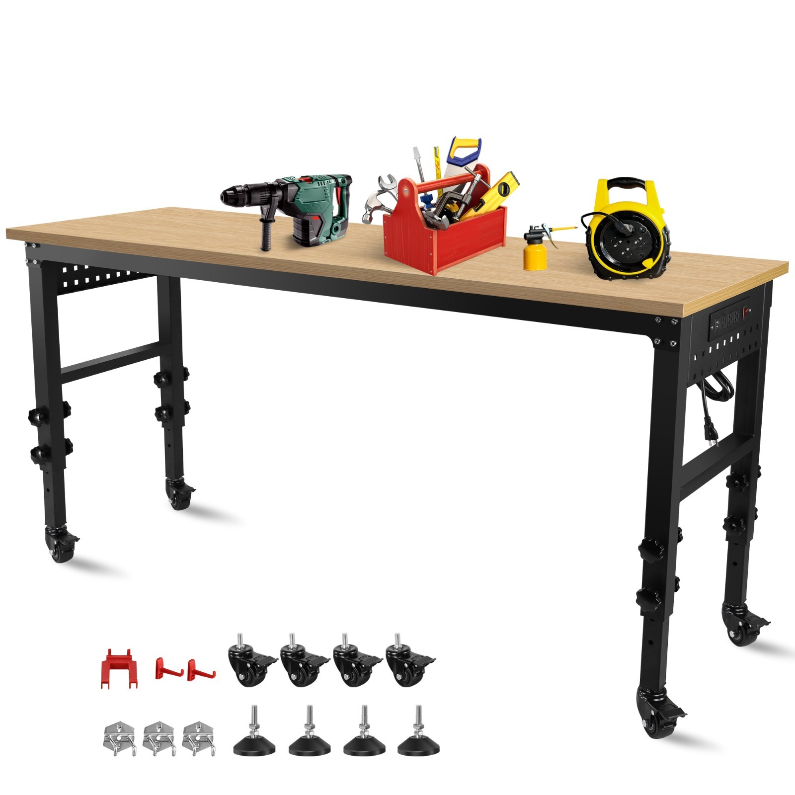Adjustable Heavy Duty Workbench 72″ 2000LBS Rubberwood Top Power Outlets Garage