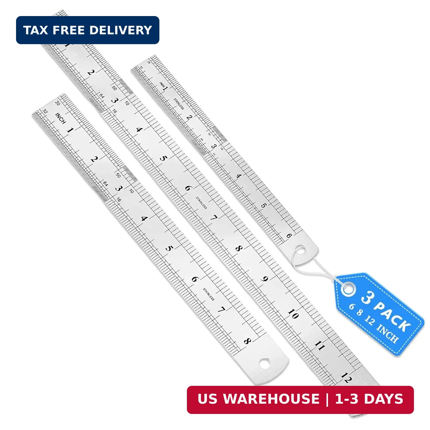 3Pcs Stainless Steel Ruler Set 6 8 12 Inch Metal Ruler with Inch and Metric New