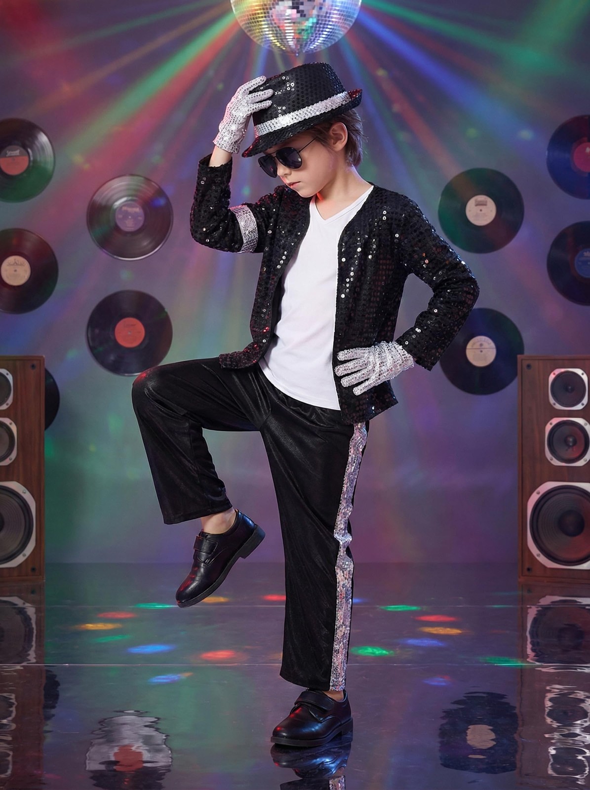 BAURGHOP Kids Dance Star Costume for Boys 80s 90s Pop Stage 4-5 Years, Black