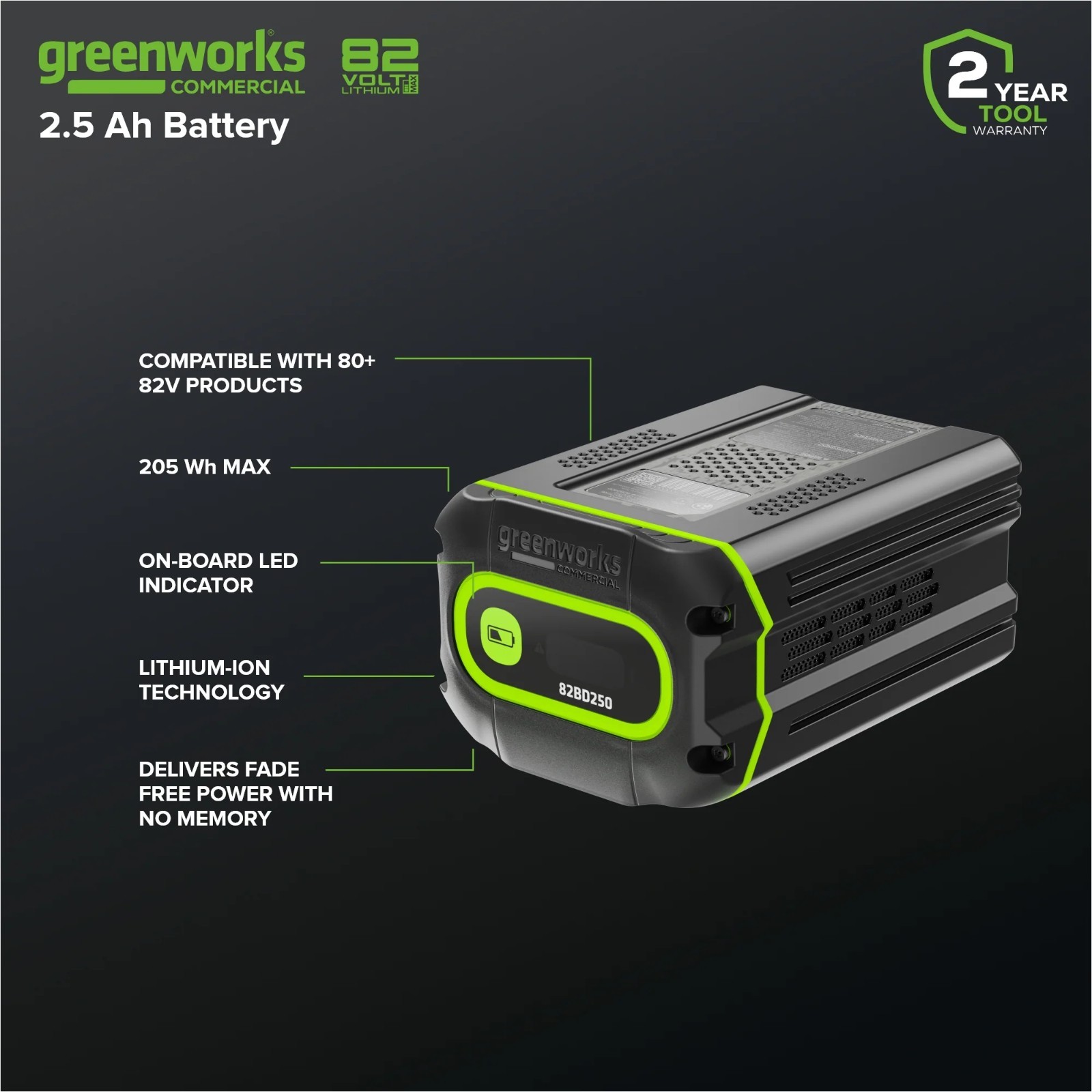 Greenworks 82V 2.5Ah Battery with Bluetooth 82BD250