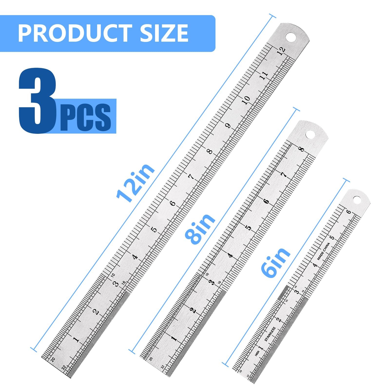 DTDNZKN 3 Pack Stainless Steel Ruler Set – Includes 6 inch 15 mm, 8 inch