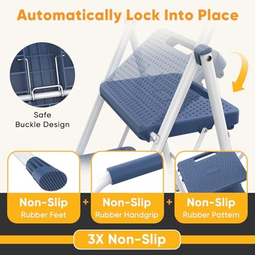 Step Ladder 3 Step, Folding Step Stool with Wide Anti-Slip 3-Step + 800LBS Blue