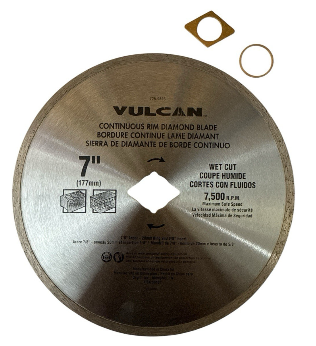 Vulcan 7″ Continuous Rim Diamond Wet Cut Blade 7/8″ Arbor 725-9823