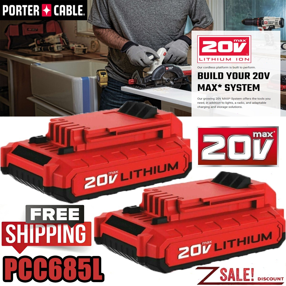 2PACK for PORTER CABLE 20V 20 Volt Lithium Battery / Charger Max PCC680L PCC685L