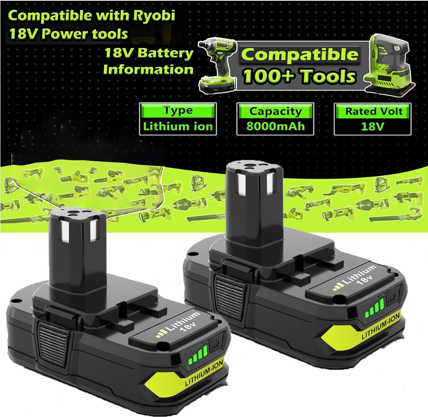 2PACK 8Ah For RYOBI P108 18V 8000mAh High Capacity Battery 18Volt Lithium-Ion