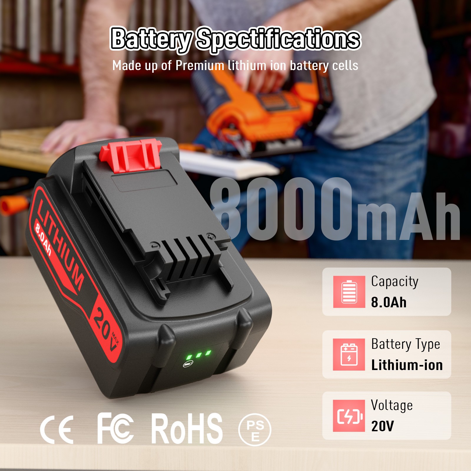 2 Pack 20V Battery 8.0Ah for Black+Decker LB2X4020 MAX Lithium Ion Pack LBXR20